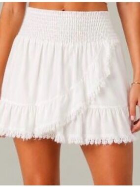 Muche Muchette Womens Mini Skirt Tencel White Smocked Waist Raw
Fringe Hem S